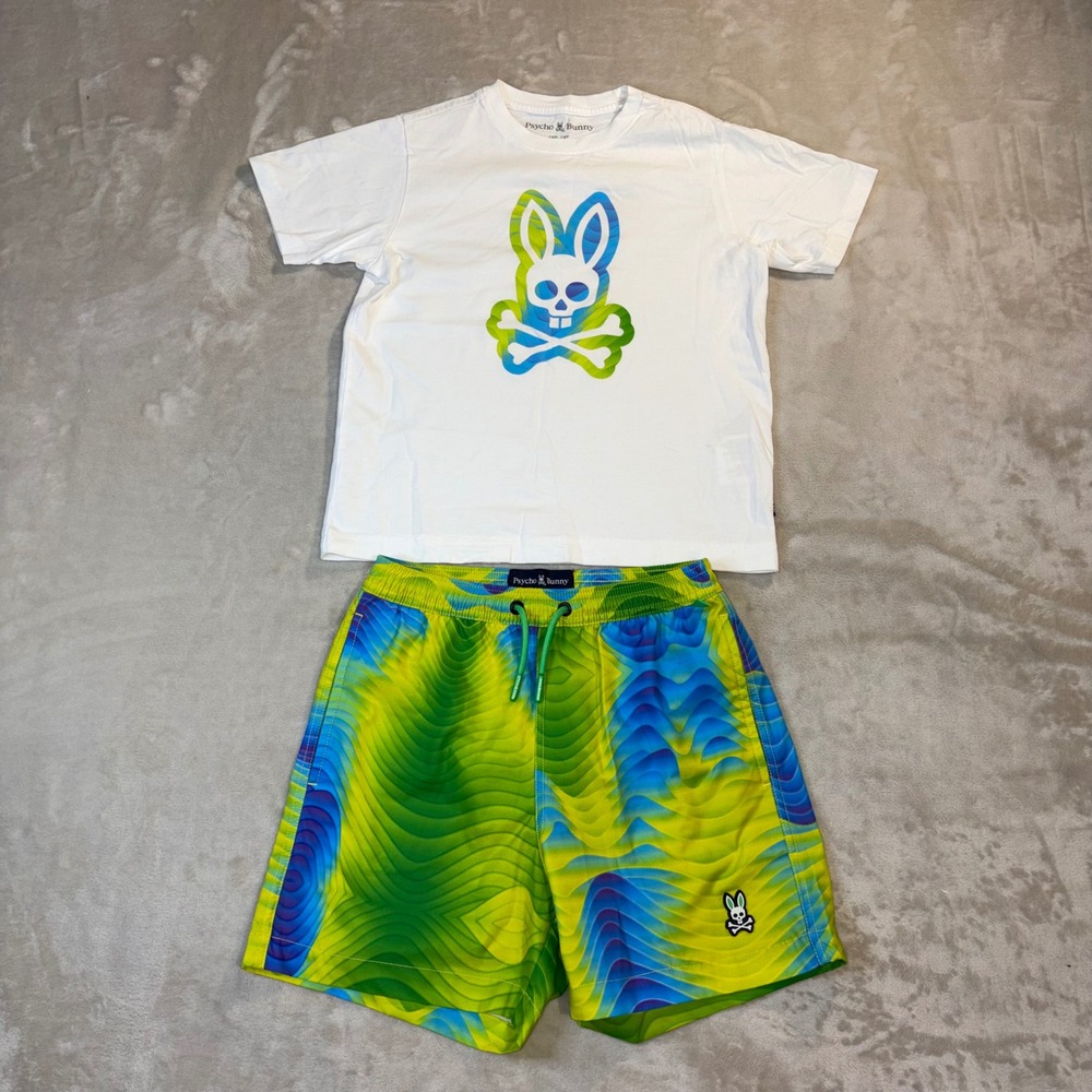 Psycho Bunny Kids White Graphic Tee and Wavy Shorts Set Size 7-8 S/P